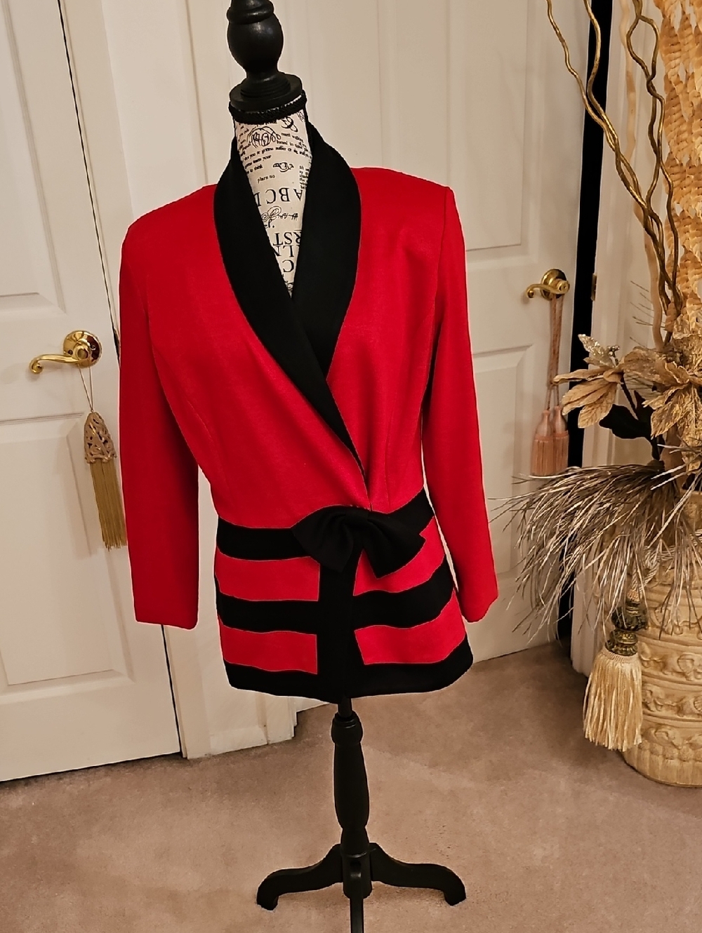 Red Shawl Collar Belted Blazer with Black Trim